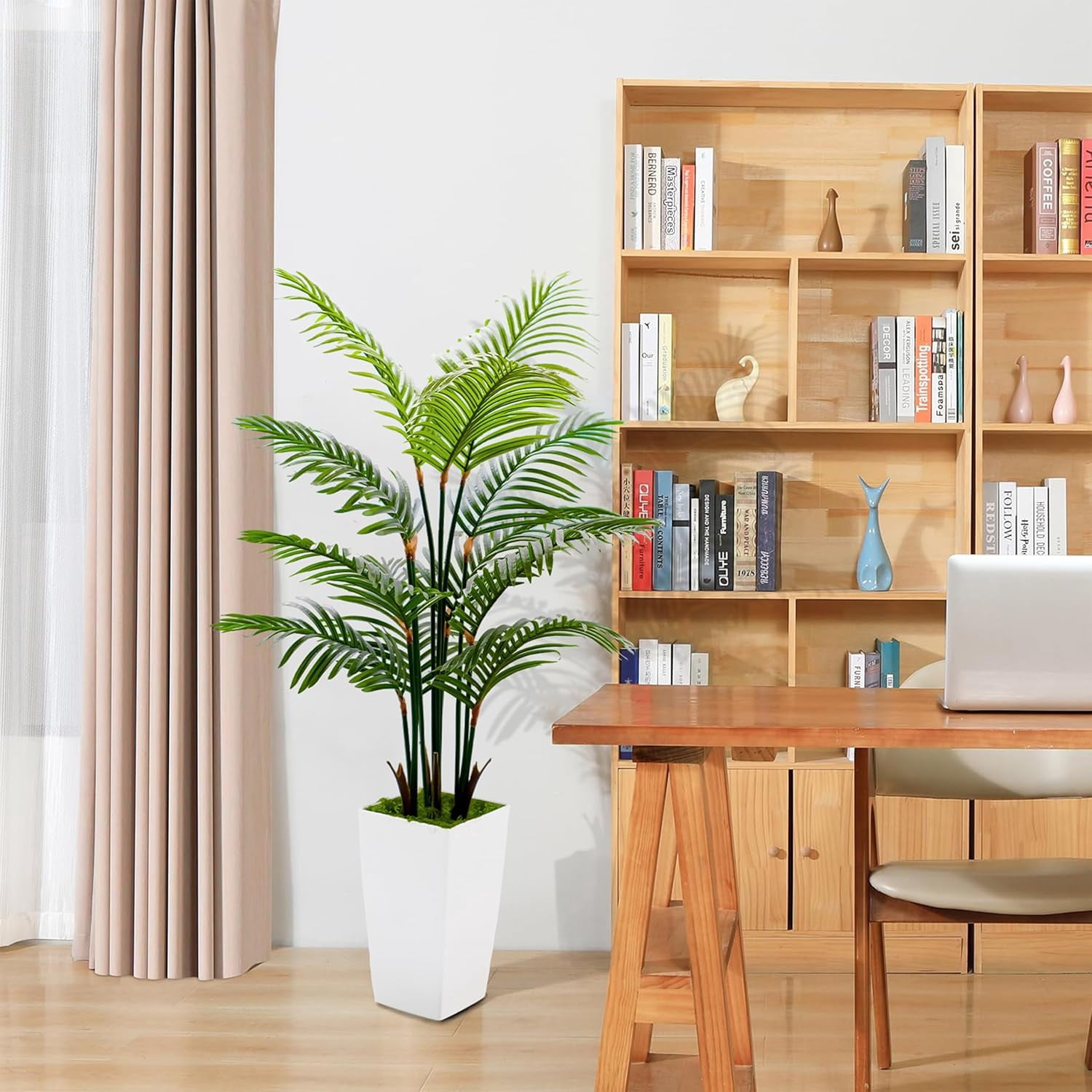 Artificial Palm Tree 5FT - Fake Tree with White Tall Planter - Faux Tropical Areca Floor Plant in Pot - Artificial Silk Plant for Home Office Living Room Decor Indoor