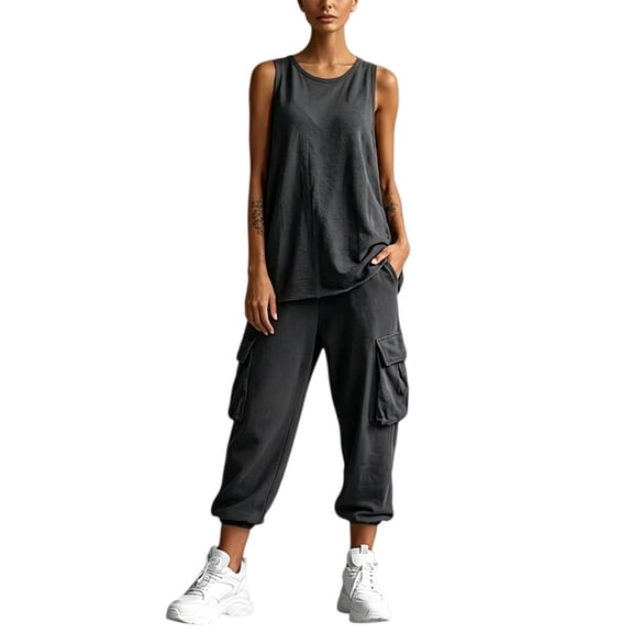 BODOAO Women's 2 Piece Cargo Sweatsuit Sleeveless Loose Fit Tank Top and High Waisted Cargo Jogger Sweatpants Set with Flap Pockets Casual Workout Activewear Outfits Dark Gray L