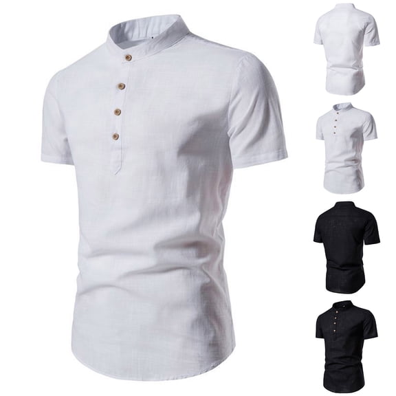 WIZUTIZ Men's Casual Cotton Linen Shirt Short Sleeve Button-Up Band Collar Dress Shirts Summer Hippie Beach T-Shirts