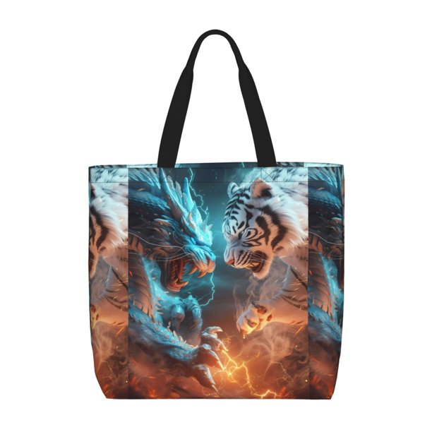 Fotbe Blue Dragon And White Tiger Bolsa Tote con Estampado para Mujer, Bolsos con Cremallera, Bolsa de Hombro Casual de Gran Capacidad con Bolsillos Internos