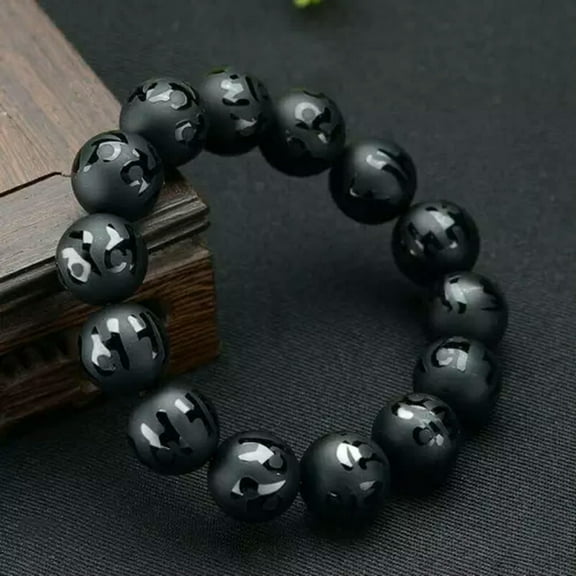 K-KED Genuine Natural Black Obsidian Gold Six Words Round Beads Bracelet 8-16mm AAAA-10mm
