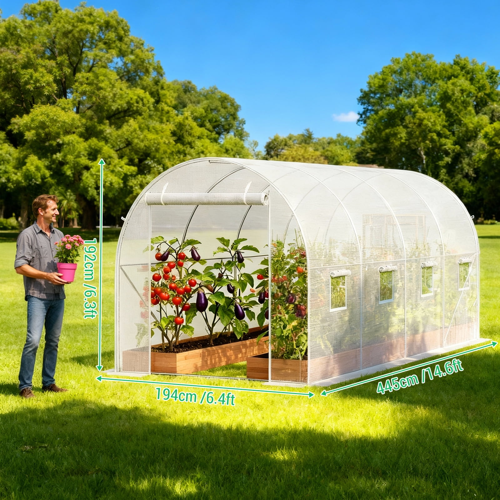 Large Outdoor Greenhouse with Screen Door, Portable Walk-in Tunnel Greenhouse, 14.6x6.4x6.3 Ft Hoop Plant Hot House with Galvanized Steel Frame, White PE Cover, Roll-Up Zipper Door and 8 Windows