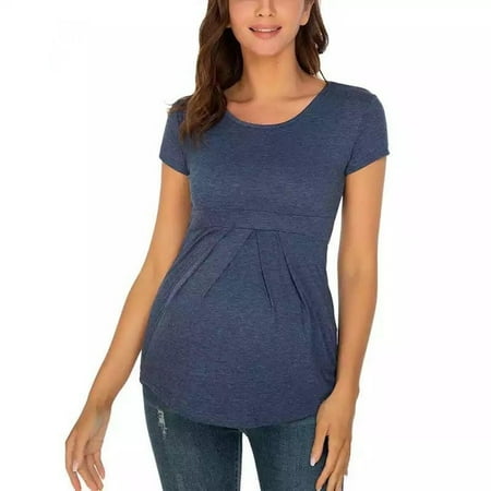 

Maternity Tops Summer Casual Plain Side Ruching Pregnancy Blouse Shirts Loose Short Sleeve Round Neck T-Shirt