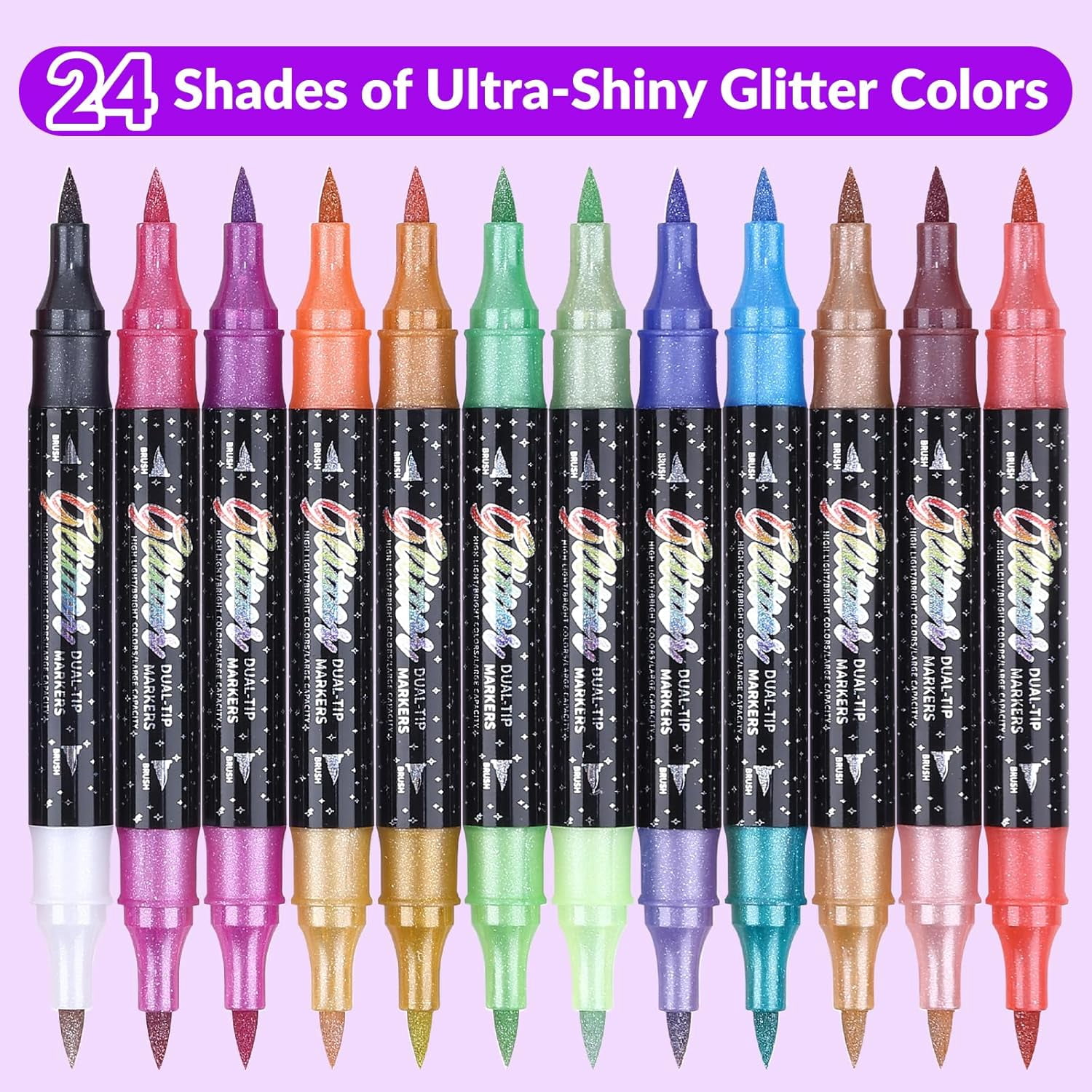 Glitter Effect Brush Marker Set, Dual Tip Pens with Metallic Sparkle for Drawing, Card Making, DIY Crafts & Adult Coloring Books