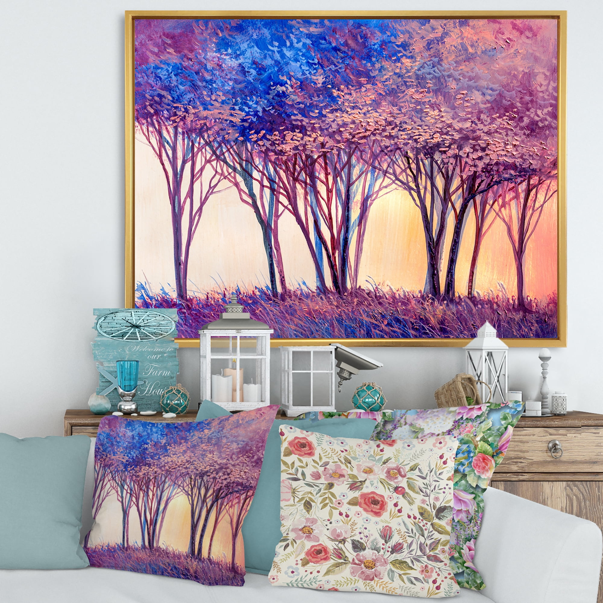Designart 'Colorful Blue Trees Abstract Forest Landscape' Modern Framed Canvas Wall Art Print