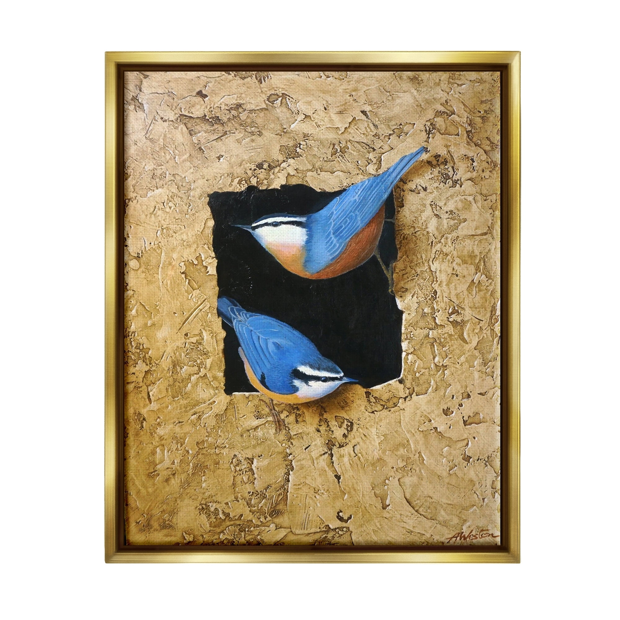 Stupell Industries Blue Bird Pair Perched Rough Layered Structure Painting Metallic Gold Floating Framed Canvas Print Wall Art, Design by Alan Weston
