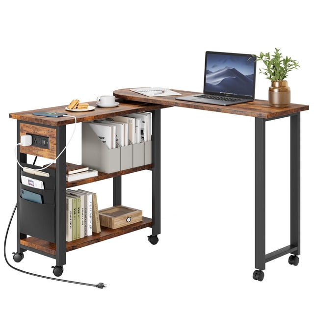 Table d'Appoint Rotative Table d'Extrémité Pivotante avec Station de Recharge et Sac de Rangement Supplémentaire, Table d'Extrémité Mobile avec 6 Roues de Frein pour Chambre Salon