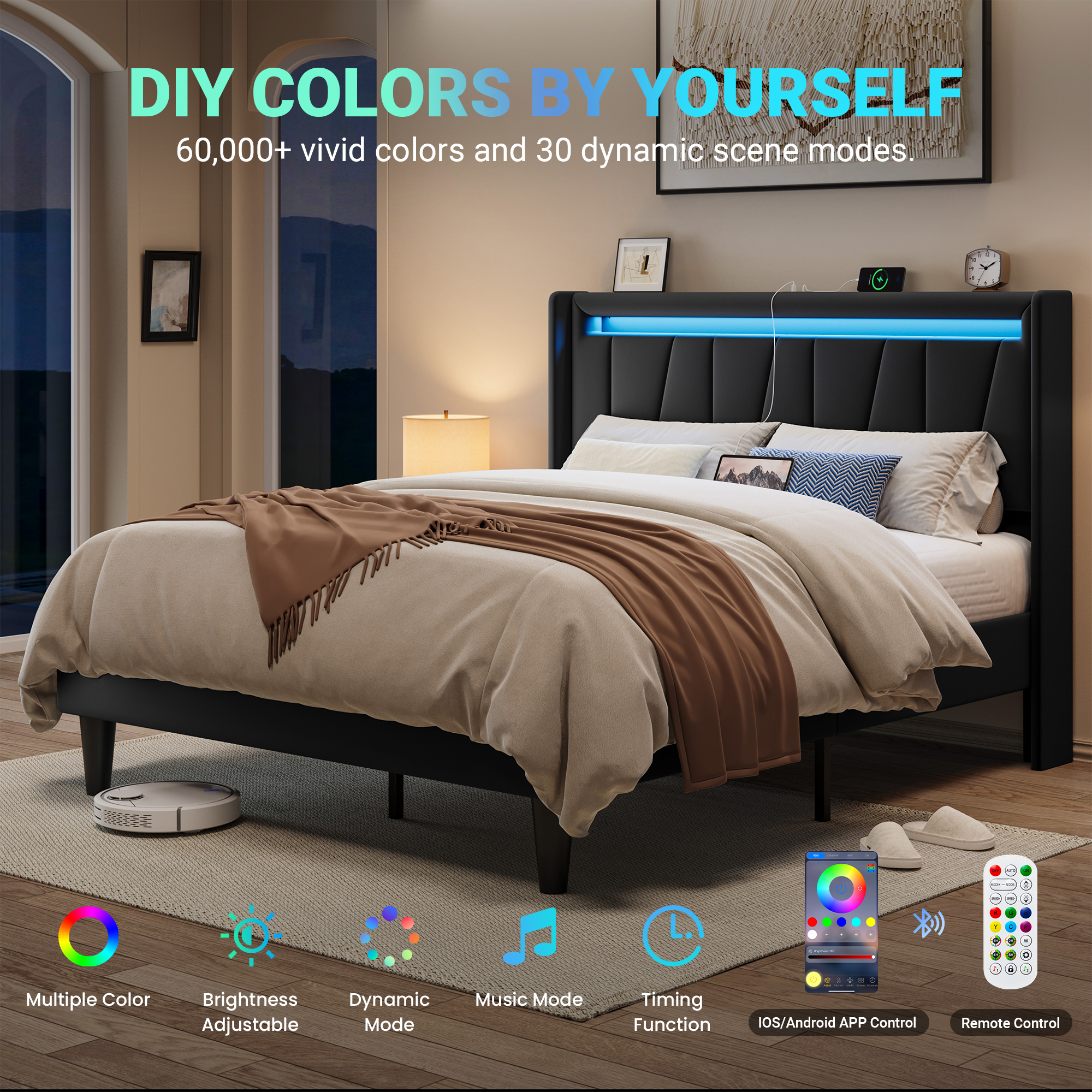 Allewie Full Size LED Bed Frame with Charging Station, Velvet Upholstered Platform Bed with Geometric Wingback Headboard, Black