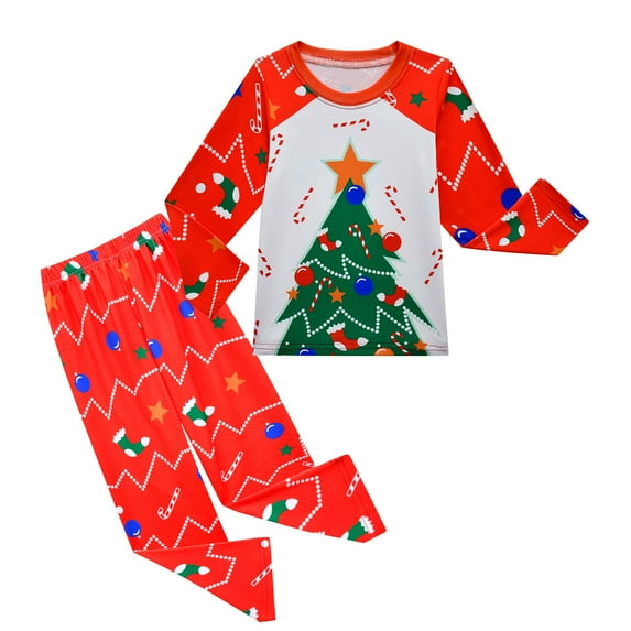 Boys Girls Christmas Pajamas Set Xmas Tree Sleepwear Long Sleeve Kids Pjs