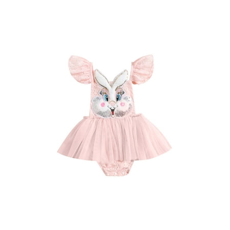 

EYIIYE Infant Baby Girls Easter Romper Dress Bunny Head Embroidery Fly Sleeve Tulle Skirt Hem One-Piece Dress 3-24 Months