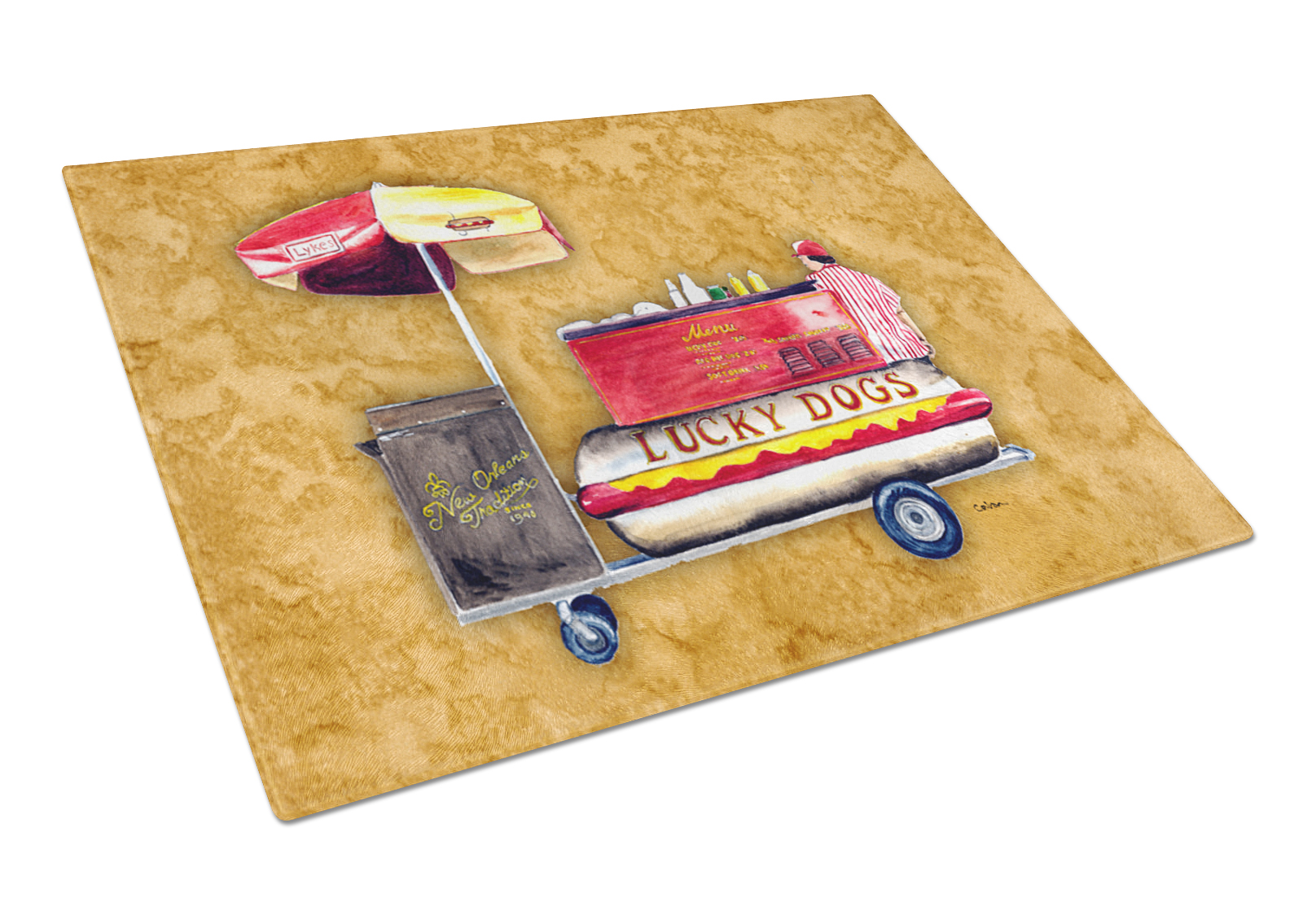 Caroline's Treasures Lucky Dog Hot Dog cart Glass Cutting Board