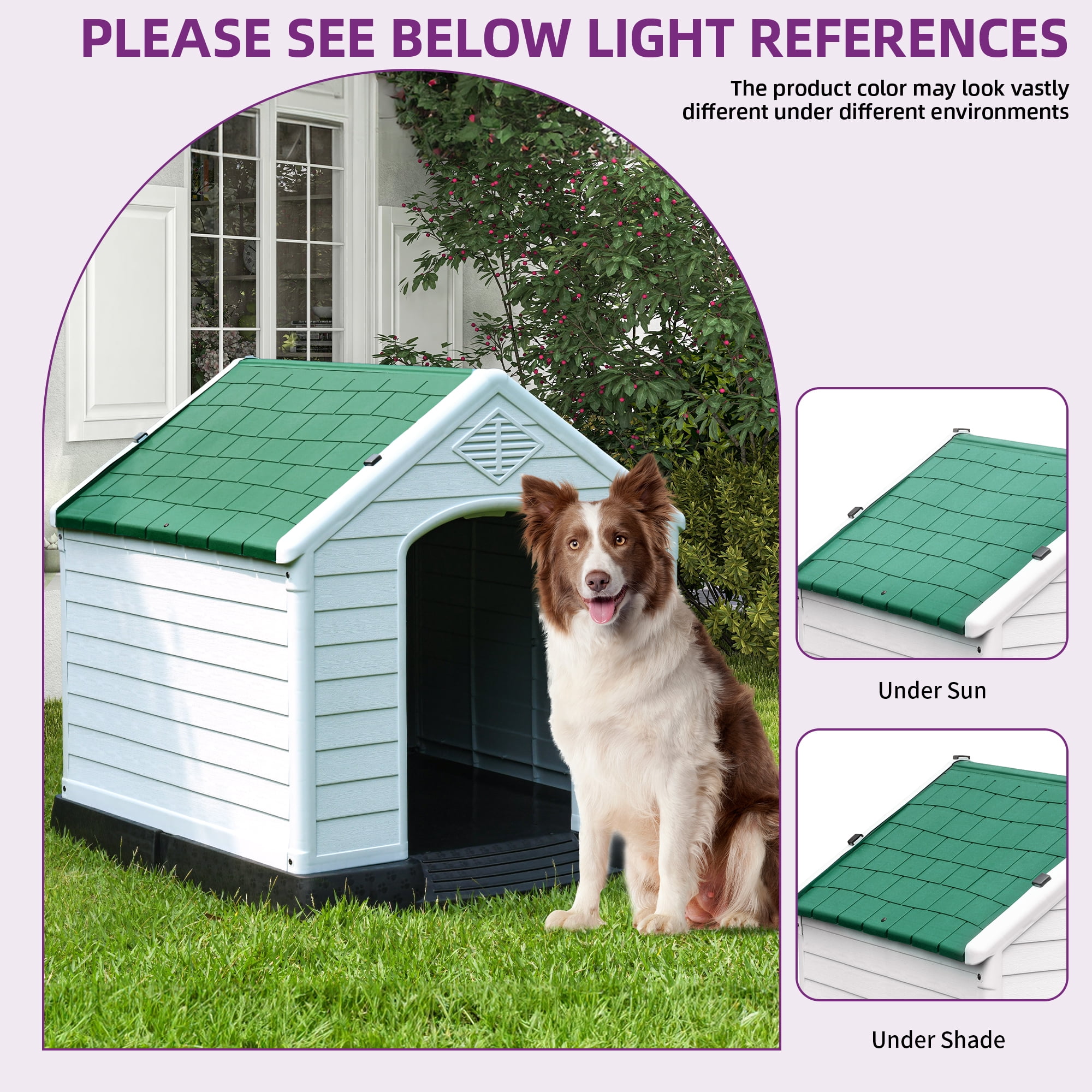 Dextrus Large Plastic Dog House Outdoor Indoor Dog Puppy Shelter Water Resistant with Air Vents and Elevated Floor (41''L*38''W*39''H, Green)