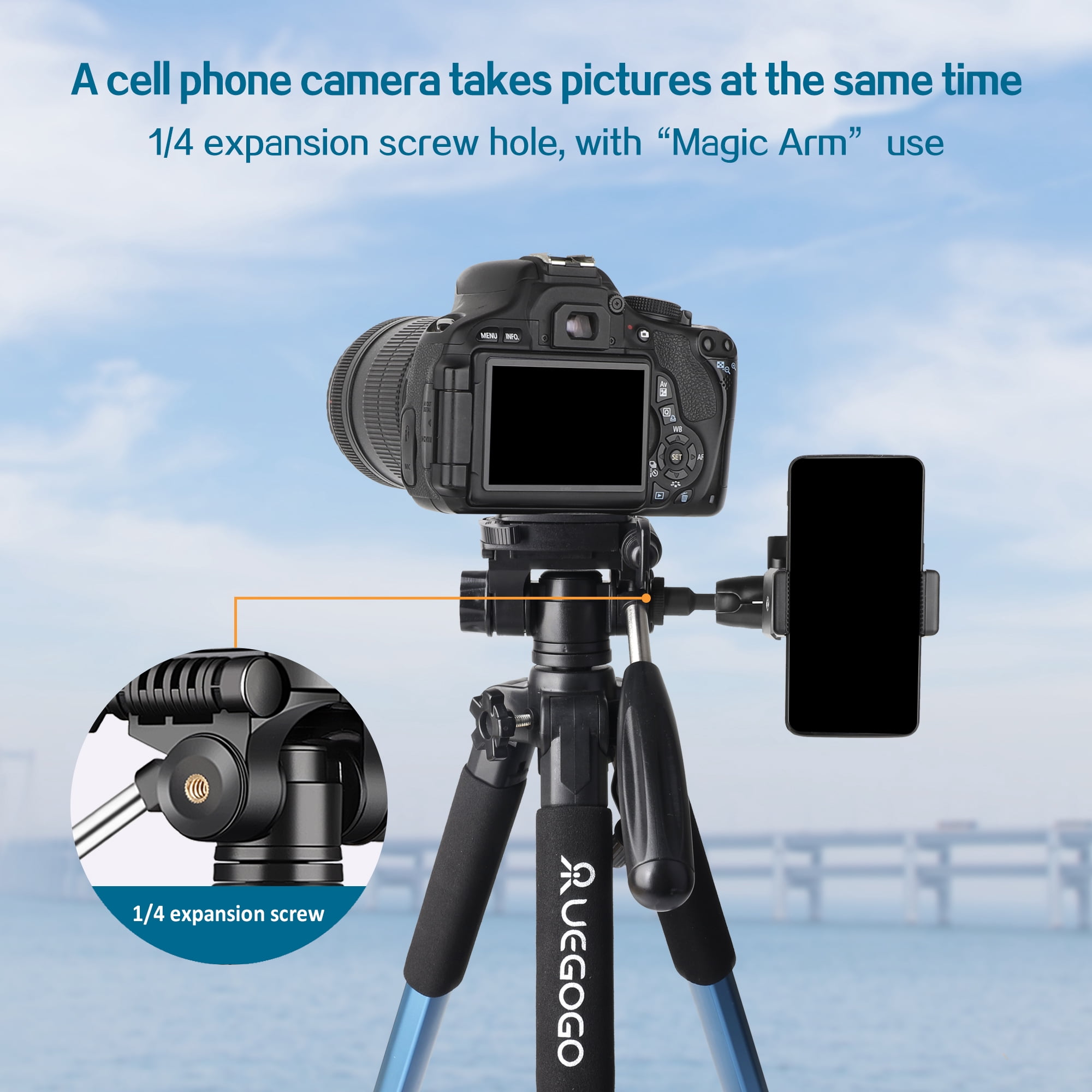 UEGOGO Camera Tripod 74" Aluminum Alloy Tripod Stand with Detachable Head & Phone Holder, Lightweight DSLR Tripod for Smartphone/Vlog/Streaming, Max Load 5.5kg - Blue, Christmas Gift