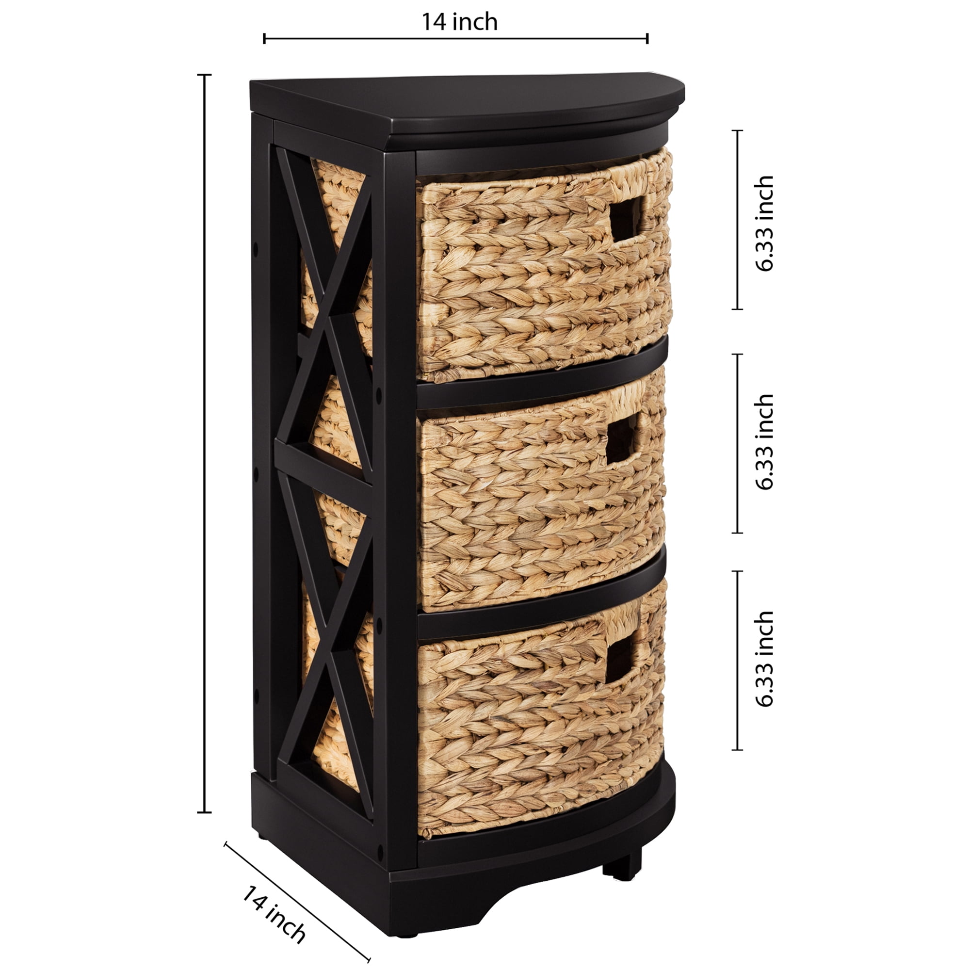 Hampton Meadows 3 Tier X-Side Corner Table Storage Cabinet with 3 Natural Water Hyacinth Wicker Baskets for Living Room, Black