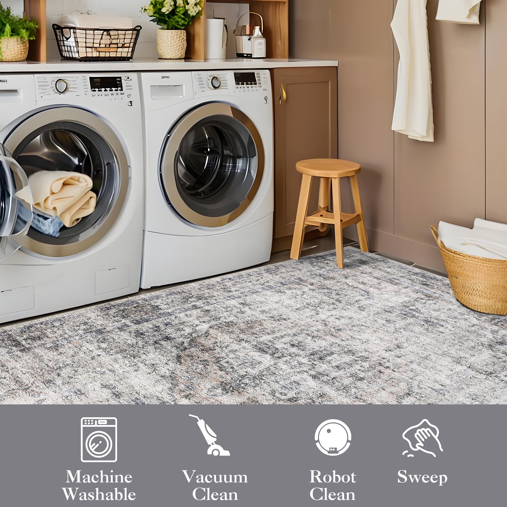 Hasoo 10' x 13' Area Rug for Living Room Boho Vintage Rug Non Slip Throw Rugs Floral Bedroom Rug, Beige/Gray