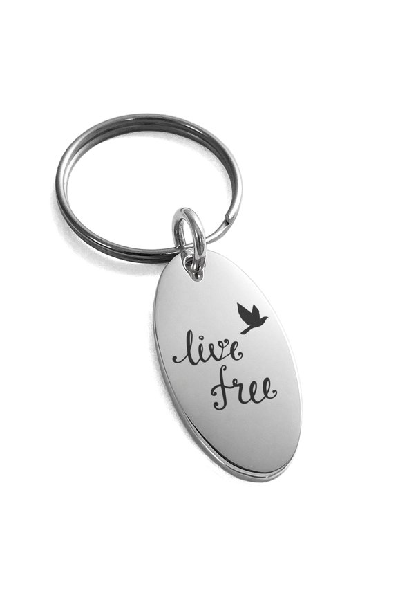 Stainless Steel Live Free Engraved Small Oval Charm Keychain Keyring
