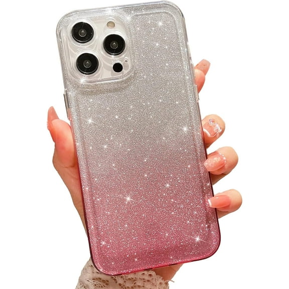 Compatible with iPhone 13 Pro Max Clear Case, Luxury Glitter Gradient Cute Bling Clear Phone Case for Women Girls Soft TPU Shockproof Camera Protective Back Cover Case - Pink