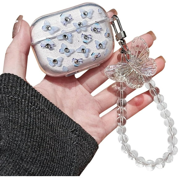 Compatible with AirPods Pro Clear Case,Cute Glitter Diamond Butterfly Pattern Design with Keychain, Soft TPU Protective Shockproof Case for AirPod Pro for Girls Women-Blue Butterfly