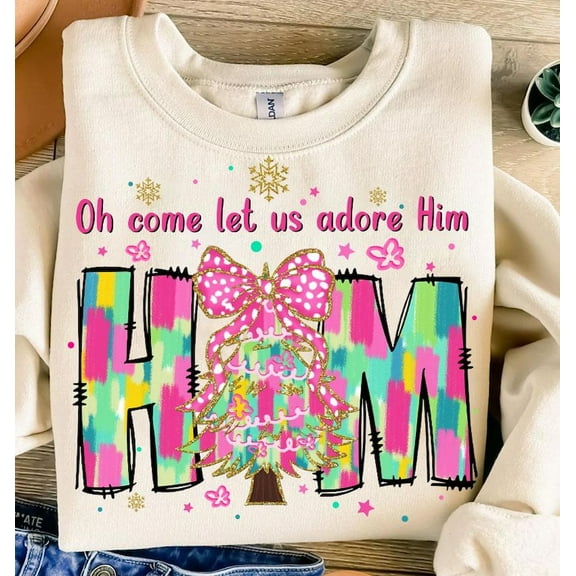 Oh Come Let Us Adore Him Sweater, Coquette Bow Christian Christmas Tree Jesus Holiday Sweatshirt