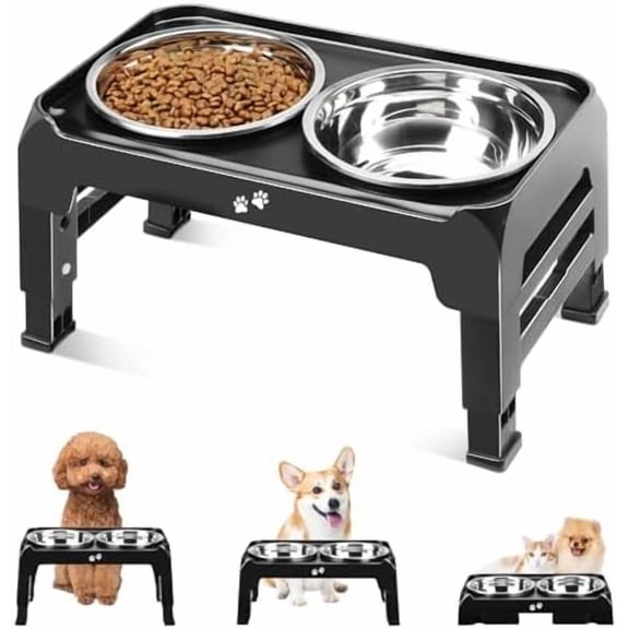 Elevated Dog Bowls for Small Medium Dogs, 3 Height Adjustable Raised Stand with 2 Thick 6" Stainless Steel Food Bowls, Non-Slip Feeder Adjusts to 2.75", 6", 7.5", Black