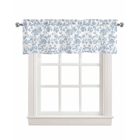 Light Blue Flower Kitchen Valances for Windows Farmhouse Linen Window Valance Curtain for Living Room Window Treatment Vintage Farmhouse Boho Leaf Spring Valance Rod Pocket Topper Drape, 54 x 18 Inch