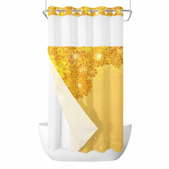 No Hook Yellow Golden Floral Shower Curtain with Snap in Liner Set, Spring Summer Shiny Flowers Waterproof Fabric Bathroom Curtains with See Through Top Window, Hotel Style Stall 54 x 78 Inch