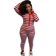 Christmas Onesie for Women Striped Jumpsuit Romper One Piece Pajamas Sleepwear Clubwear Nightwear