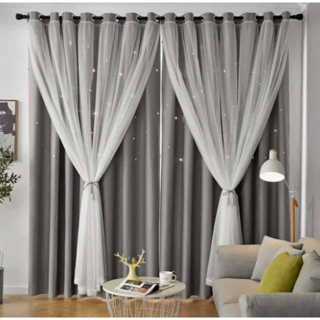 Cortina Blackout De 2 Panel Con Estrellas De 132x213cm Modelo Gris