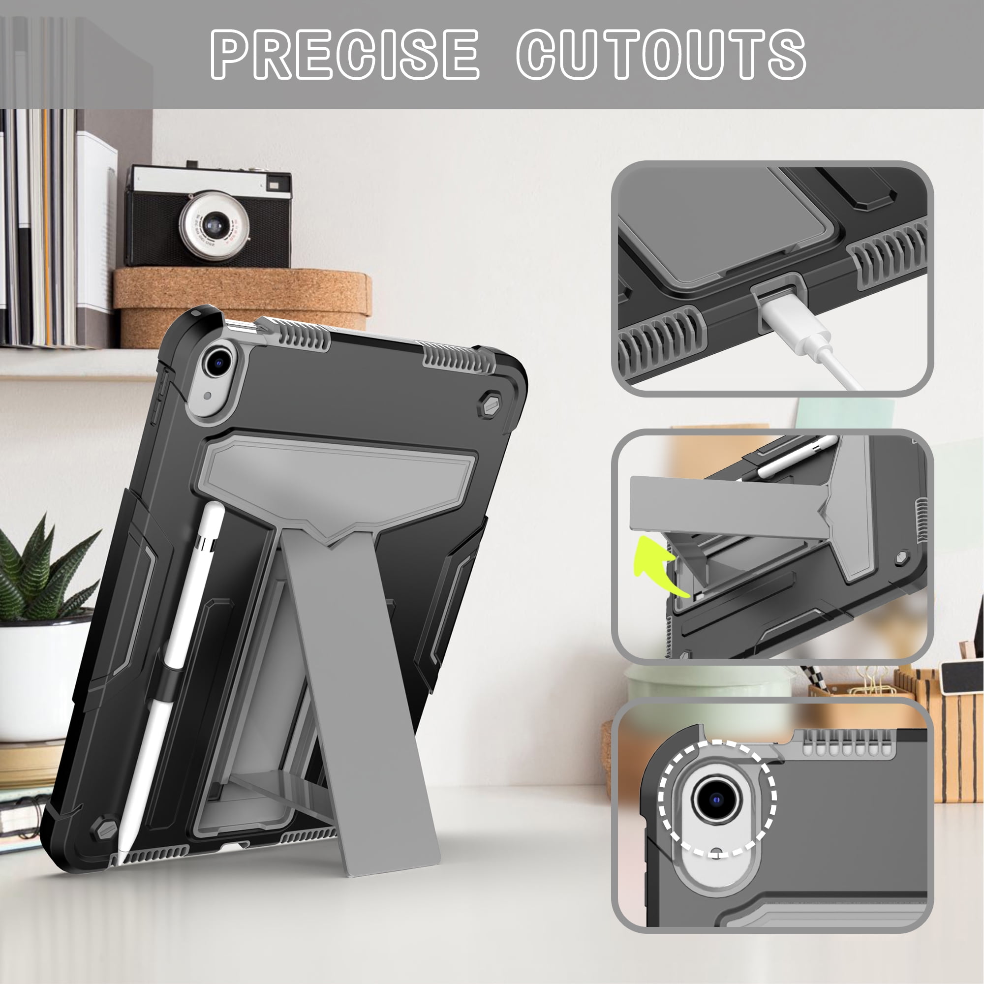 Decase Case for Apple iPad 10th Generation 10.9-inch,Shockproof Rubber Heavy Duty Rugged 3-Layer Protetion Kickstand Armor Cover with Pencil Holder, Black+Gray