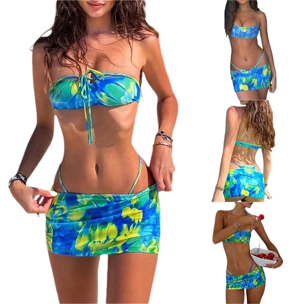 SAYOO Traje de bikini de tres piezas para mujer, tops de natación, tanga + falda cruzada SAYOO Sexy