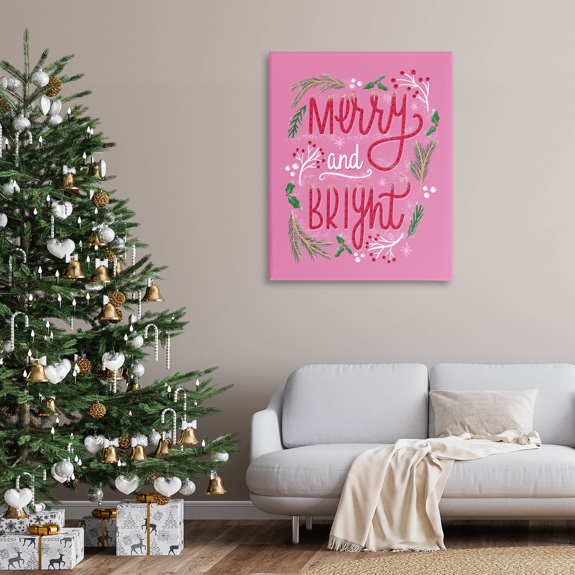 Stupell Industries Merry and Bright Pink Pine Holiday Painting Gallery Wrapped Canvas Art Prints Wall Art, 36 x 48
