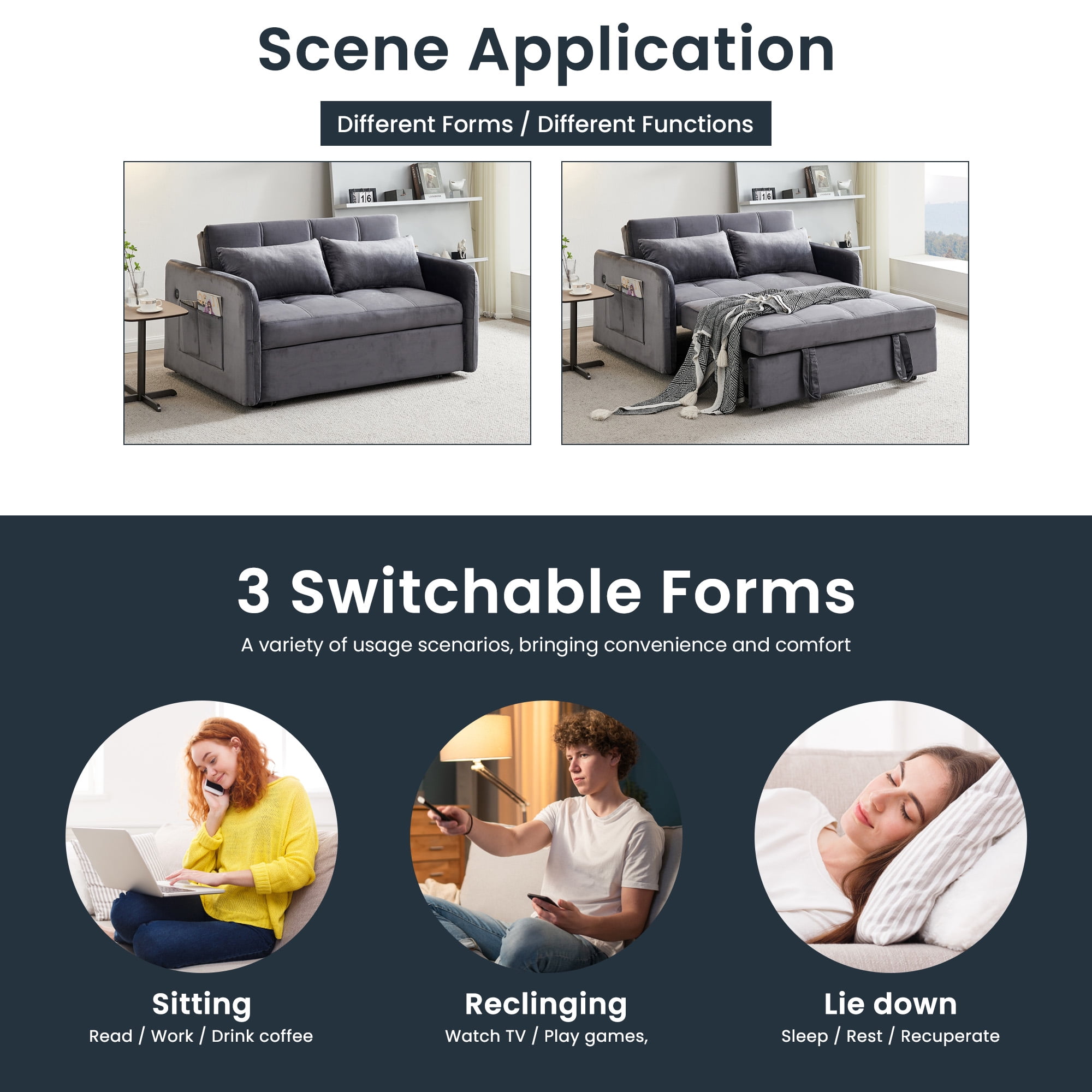 DEALTOPS 55.5" Pull Out Loveseats Sleeper Sofa Bed with USB Ports and Side Pockets, Gray