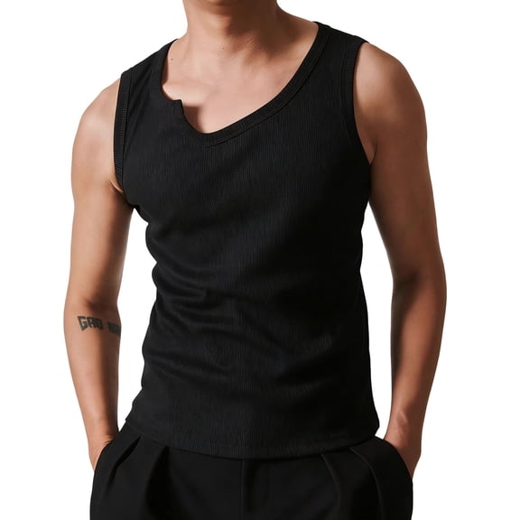 Mens Big & Tall Tank Tops M-5X Plus Size Sleeveless Irregular Neck Undershirts Shirts Pullover Stretchy Slim Basic Solid Color Athletic Workout Vests