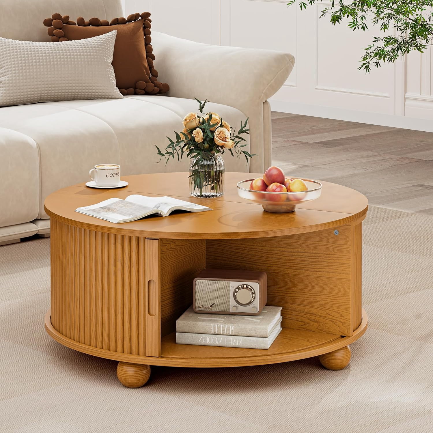 31.5" Round Coffee Table, Mid Century Modern Circle Drum Table with Sliding Door Storage, Yellow Oak