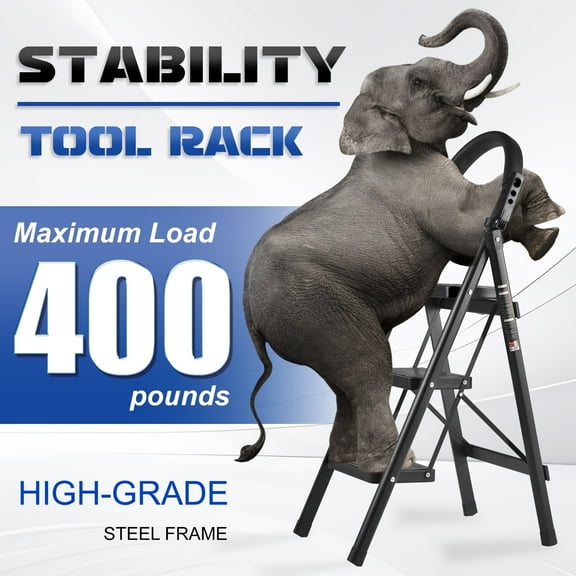 YEEZEE Step Ladders, Adult 3 Step Folding Ladder with Padded Handrail, Metal Portable Ladder, Black