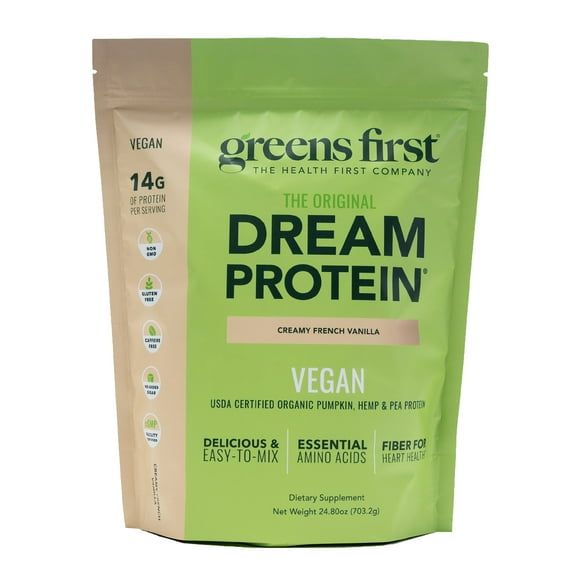 Greens First Dream Protein Plant-Based Vegan Powder - USDA Organic Pumpkin, Hemp & Pea Protein - Gluten-Free, Non-GMO, No Added Sugar (Creamy French Vanilla, 24.8 oz)
