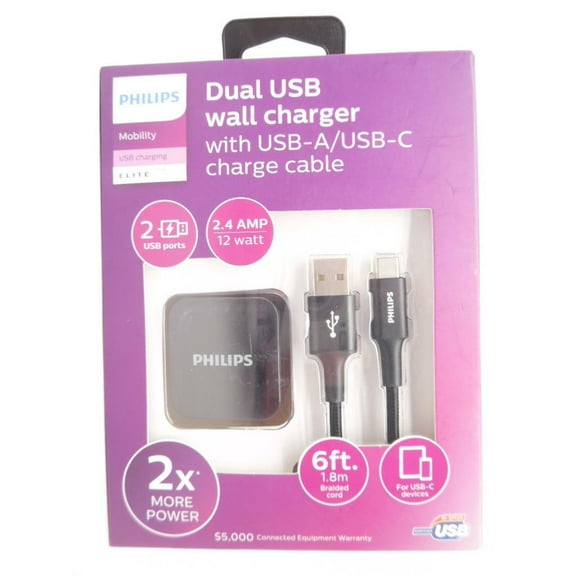 Philips Mobility Elite USB Charging Dual USB Wall Charger with USB-A USB-C Cable