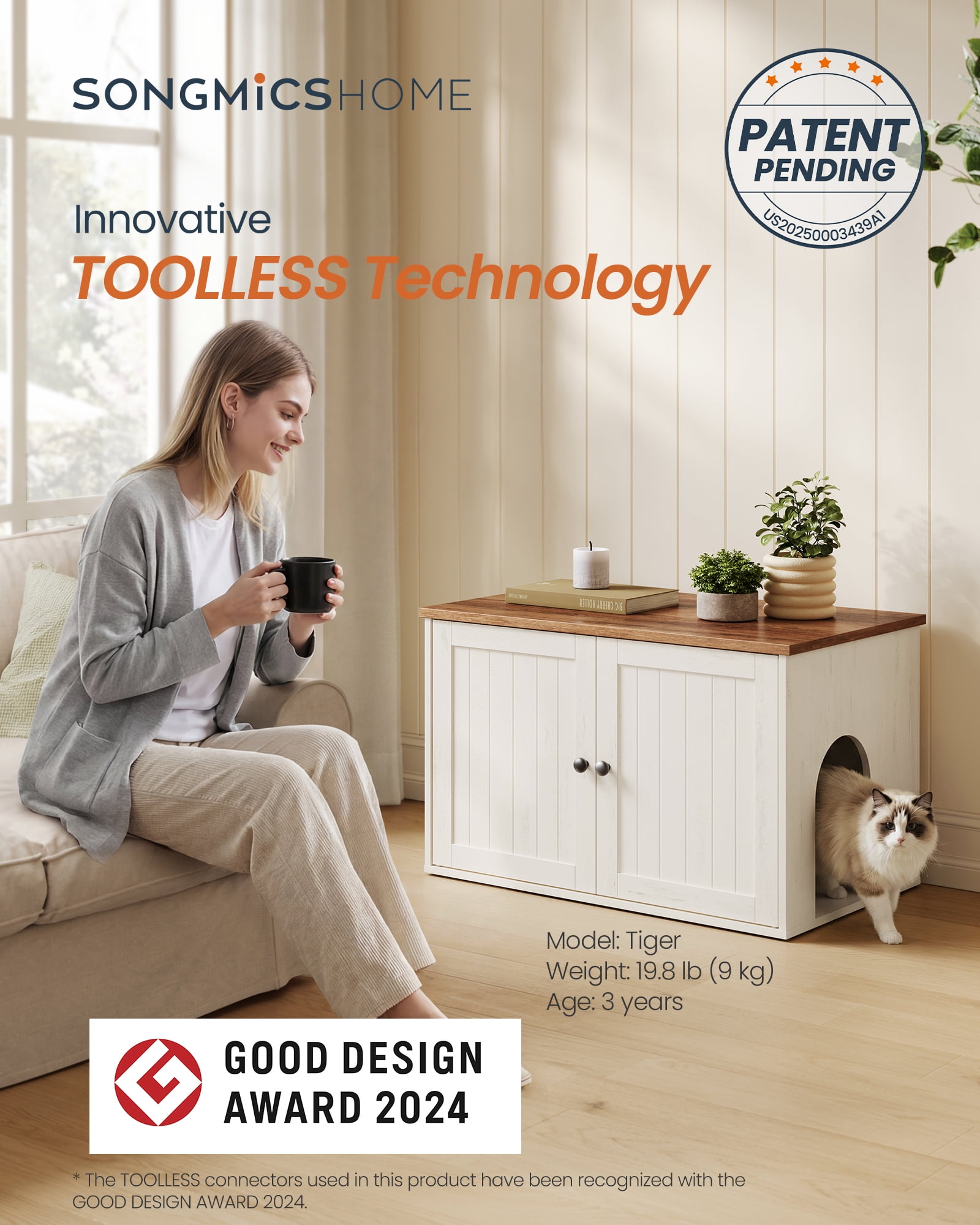 SONGMICS HOME Litter Box Enclosure, Superfast Toolless Assembly, Cat Washroom Furniture, Push-to-Open Doors, Cat House, Rustic White and Honey Brown