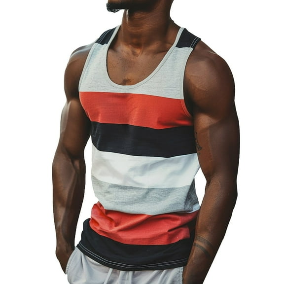 YOTMKGDO Tank Tops Men, Crew Neck Men's Casual Fashion Striped Color Blocking Trend Loose Fitting Sports and Fitness Sleeveless Shirts for Men Sleeveless (Black, L)