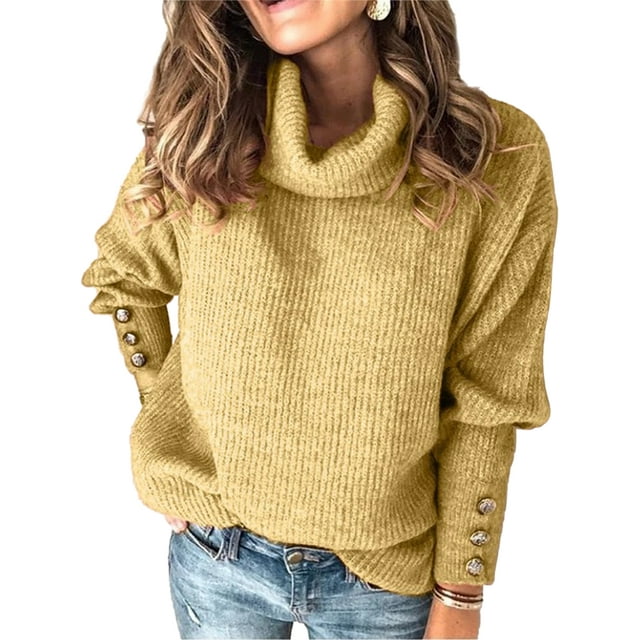 UKAP Pull-Over pour Femmes Couleur Unie Col Roulé Pull-Over Hauts Vêtements d'Extérieur Automne Pulls Tricotés Jaune S