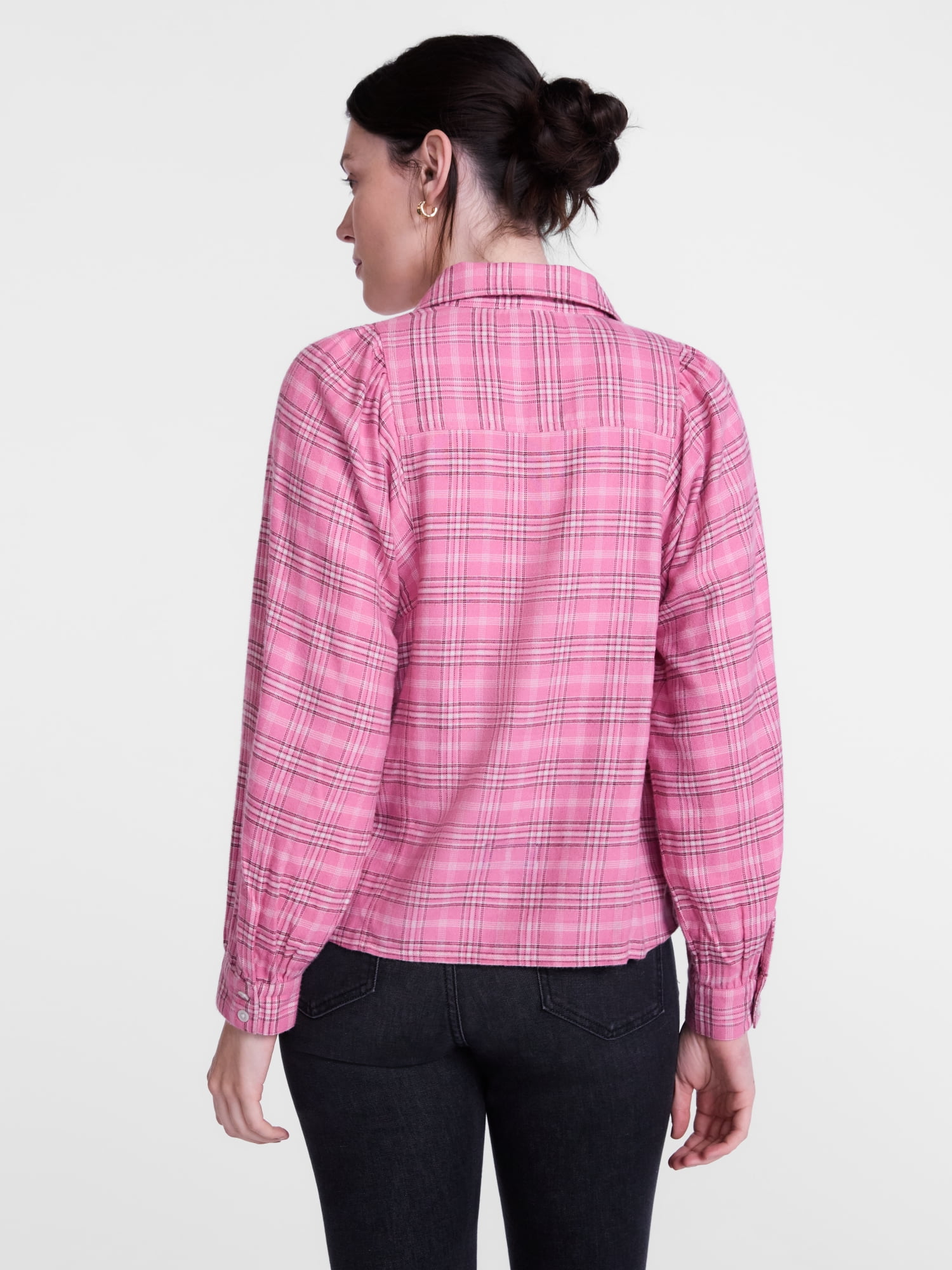 Scenario Women's Plaid Shirt with Long Puff Sleeves, Sizes XS-XXXL