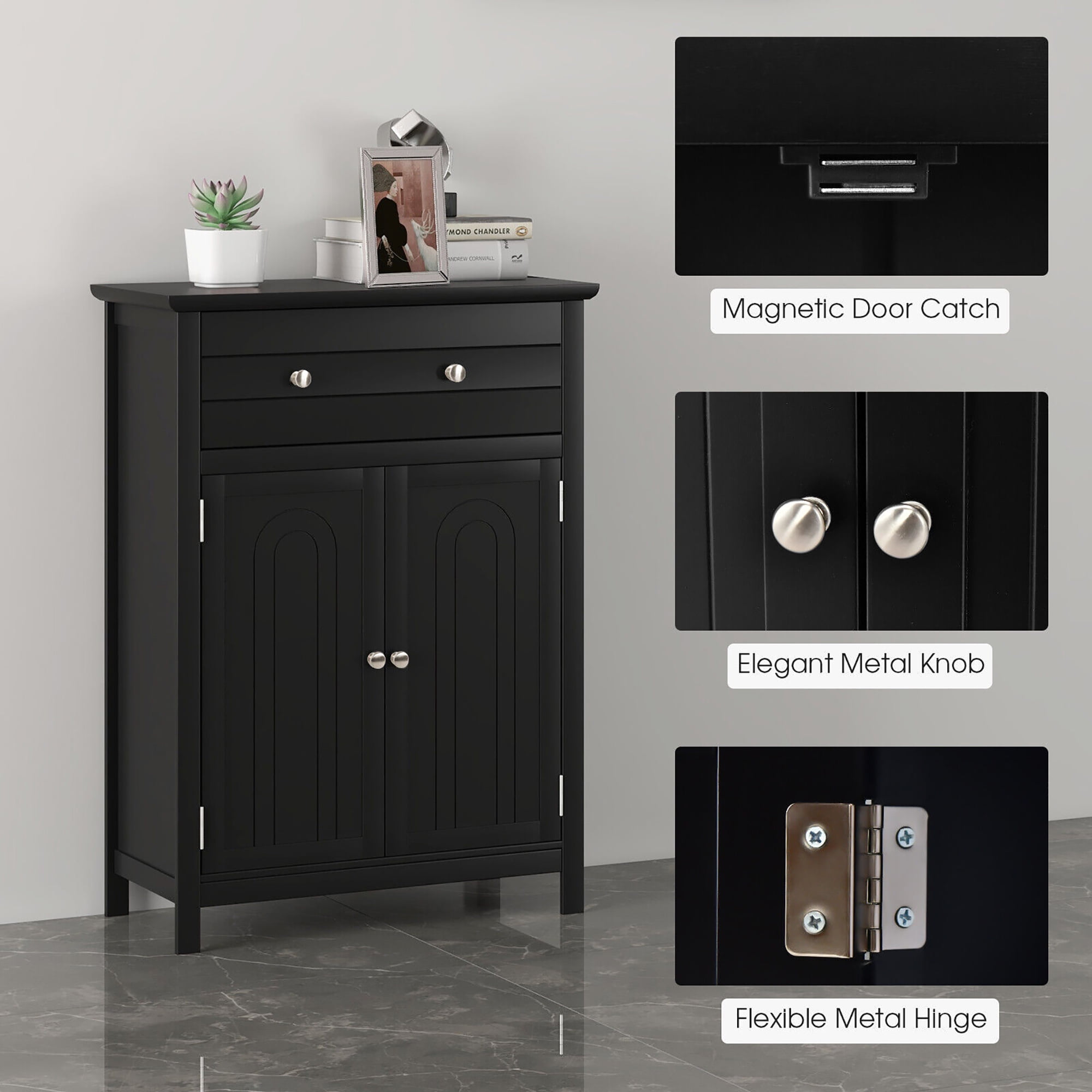 Gymax Bathroom Floor Cabinet Wooden Storage Organizer with Drawer & Doors Blcak