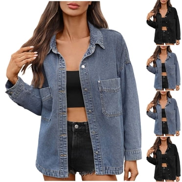 Miluxas Women’s Autumn and Winter Solid Casual Oversized Button up Long Sleeve Pockets Denim Jean Jacket Gray XL(XL)
