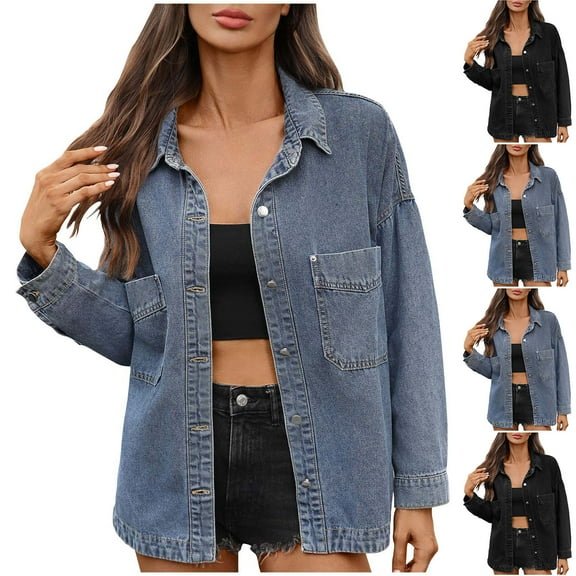 Miluxas Women’s Autumn and Winter Solid Casual Oversized Button up Long Sleeve Pockets Denim Jean Jacket Gray XL(XL)