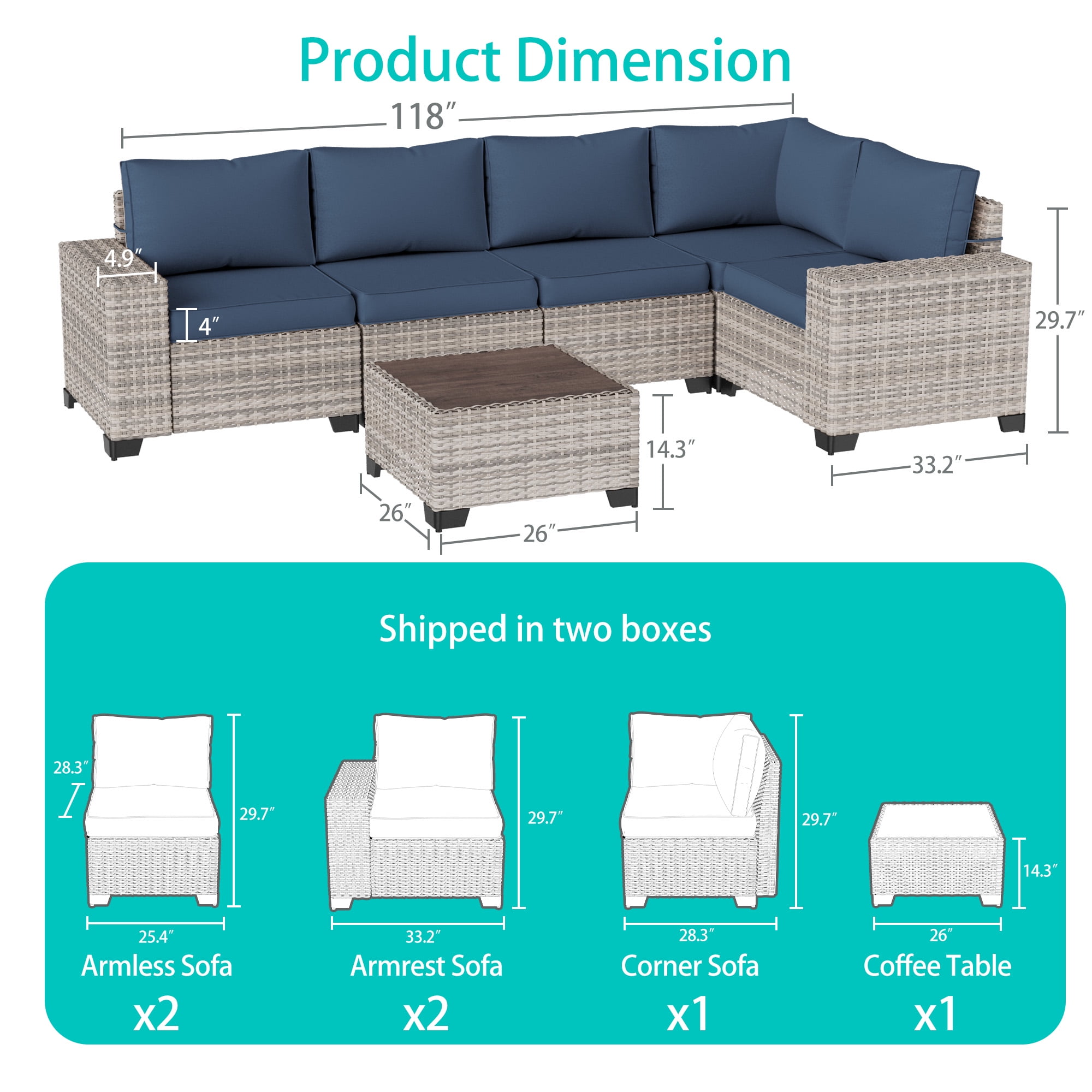 Sweecci 12 Piece Outdoor Patio Furniture Set, Ergonomic Wicker Patio Sectional Sofa with Stable Feet, 4" Cushions Conversation Set with Wood Table for Backyard Garden Deck,Navy Blue