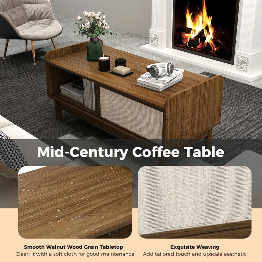 Finihen Coffee Table, Open Storage Shelf, Mid-Century Center Table with Storage and Weaving Sliding Door & Adjustable Shelf, for Home, Office, Living Room, Walnut Finihen Coffee Table, Open Storage Shelf, Mid-Century Center Table with Storage and Weaving Sliding Door & Adjustable Shelf, for Home, Office, Living Room, Walnut