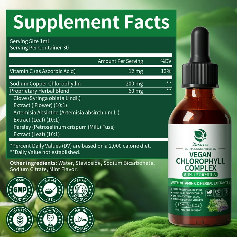 Vegan Chlorophyll Liquid Drops 200mg, Advanced Liquid Chlorophyll