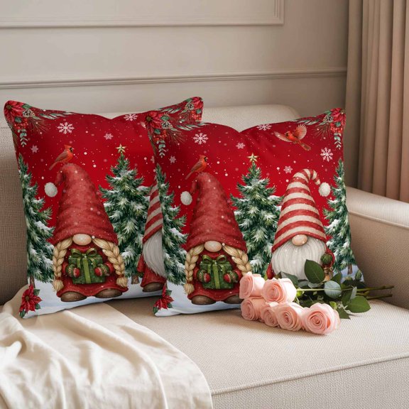 Waterproof Throw Pillow Covers 20x20 Set of 2, Winter Gnome Pine Tree Cardinal Outdoor Pillowcases, Christmas Berry Poinsettia on Red Decorative Cushion Covers for Patio Garden Sofa Couch