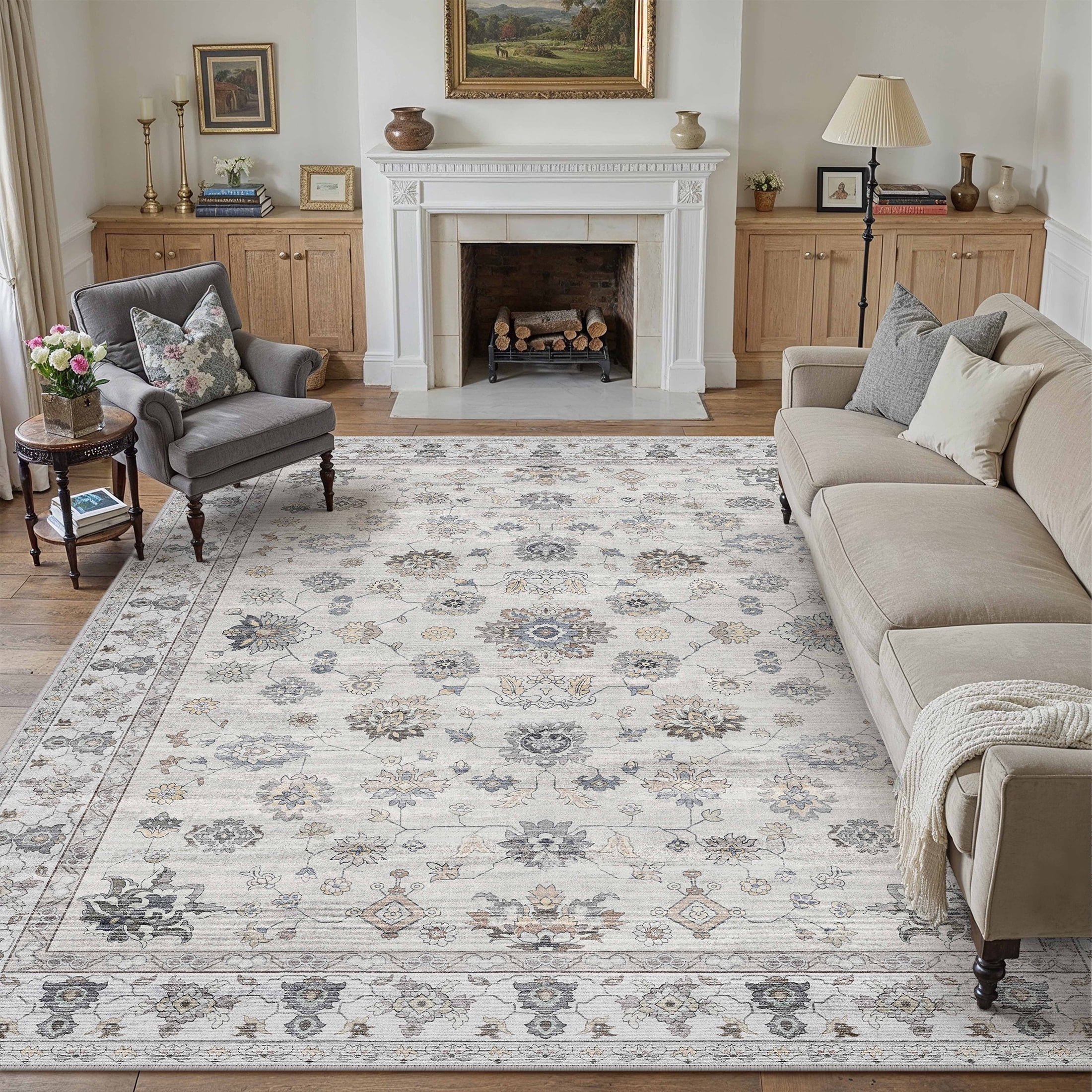 BERTHMEER 8'x10' Area Rugs for Living Room Large Vintage Gray Carpets for Bedroom Office Machine Washable Farmhouse Dining Room Oriental Rugs Non Slip Traditional Distressed Rugs
