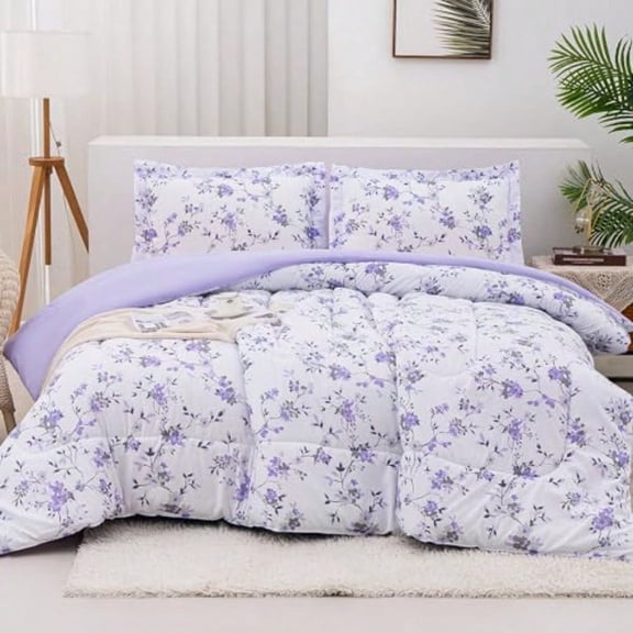 Floral Queen Size Comforter Sets Lightweight Purple Lavender Botanical Printed Bedding for All Seasons 3-Piece Vintage Bed in a Bag with Fluffy Quilted Reversible Comforter 2 Pillow Shams